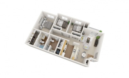 3 Bedroom 2 Bath - 3 bedroom floorplan layout with 2 bath and 966 square feet