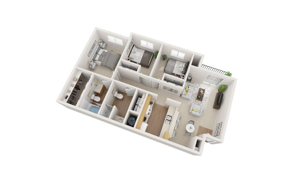 3 Bedroom 2 Bath - 3 bedroom floorplan layout with 2 bath and 966 square feet (1st floor 2D)